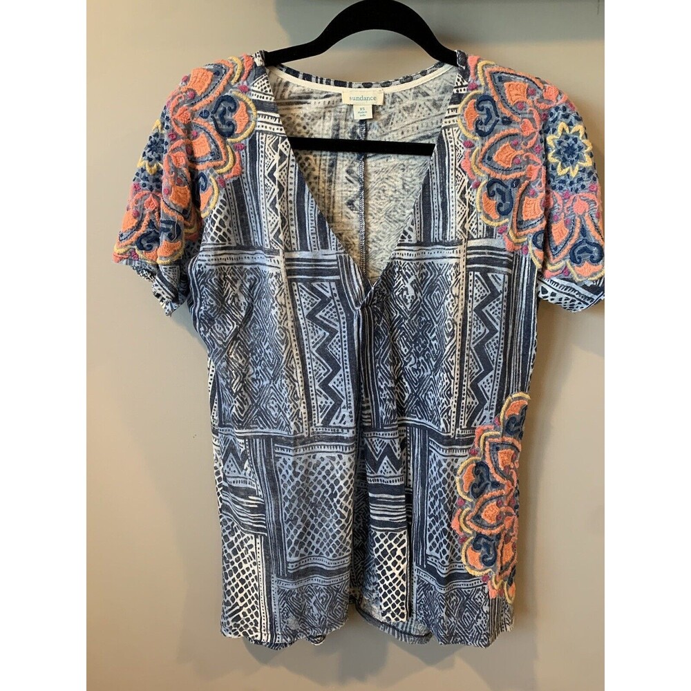 Sundance Womens Blue White Geometric Embroidered Mandala V-Neck Top XS Boho